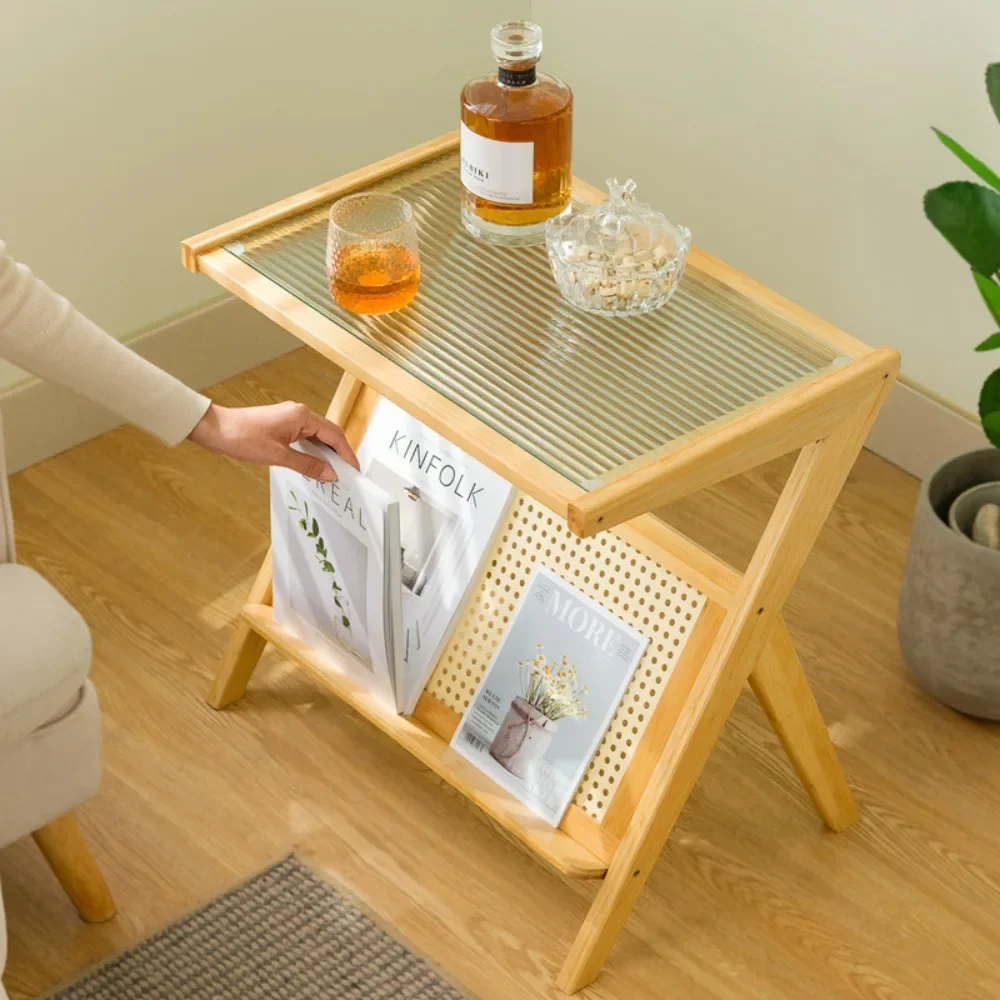 Z Shaped Coffee Tables Small Side Table For Living Room Bamboo End Table With Glass Top  Magazine Rack Household Sofa Side Desk