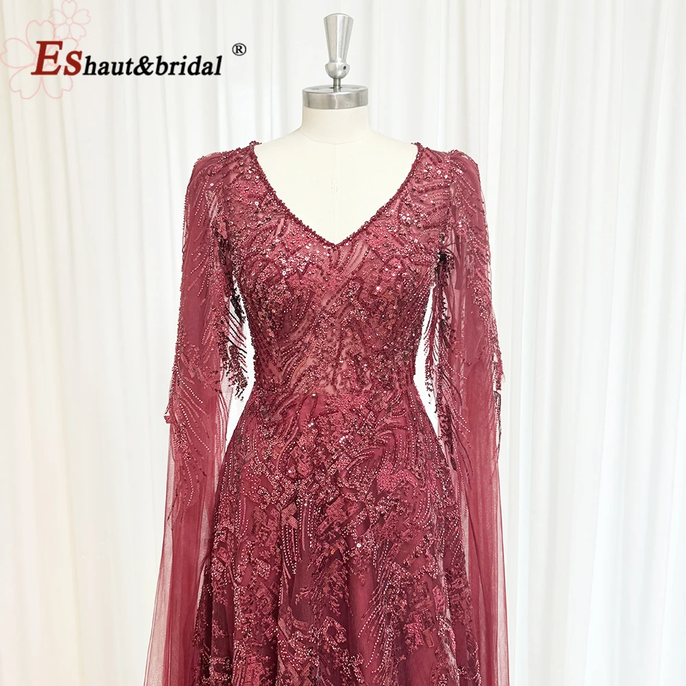 

Luxury Beaded A-Line Evening Dress Elegant V Neck Formal Gown with Cape Sleeves for Women Prom Wedding Party 2025 Customized