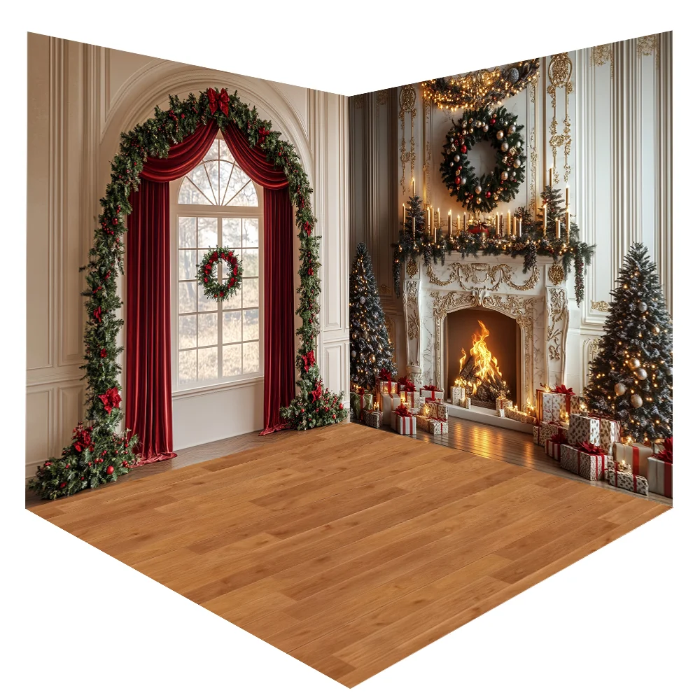 

Christmas Indoor Photography Background Window Winter Snow Xmas Tree Vintage Fireplace Gifts Kids Family Portrait Photo Backdrop