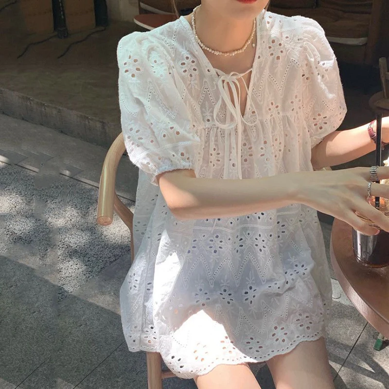 Rimocy Korean Fashion Loose White Shirt Women Summer Puff Sleeve Lace Hollow Out Mini Dress Woman V Neck Chic Blouse Female