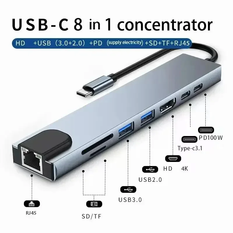 FC&EC USB C Hub 8In1 Type C 3.0 To 4K HDMI Adapter with RJ45 SD/TF Card Reader PD Fast Charge for MacBook Notebook Laptop