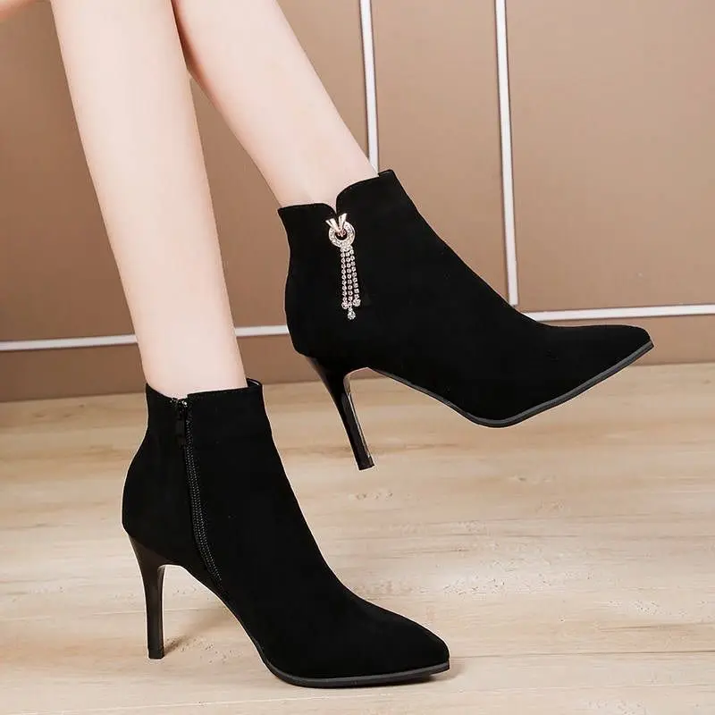 Women's Ankle Boots Sexy Pointed Toe Booties Black Female Short Shoes Very High Heels Heeled on Offer Autumn Chic and Elegant Pu