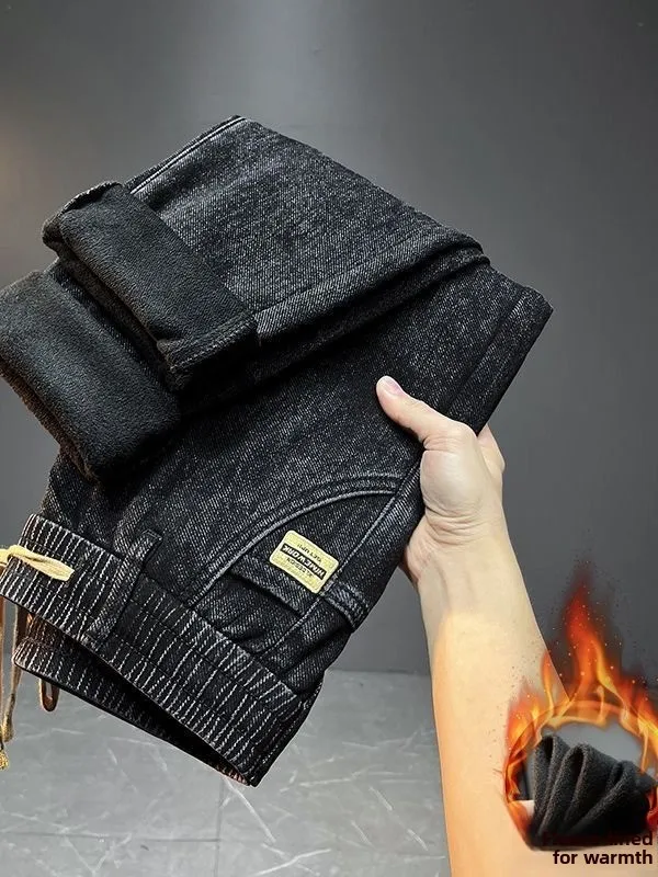 

Men's Fleece Lined Thickened Casual Loose Straight Leg Jeans Wear Resistant Work Trousers Warm Elastic Autumn Winter Denim Pants