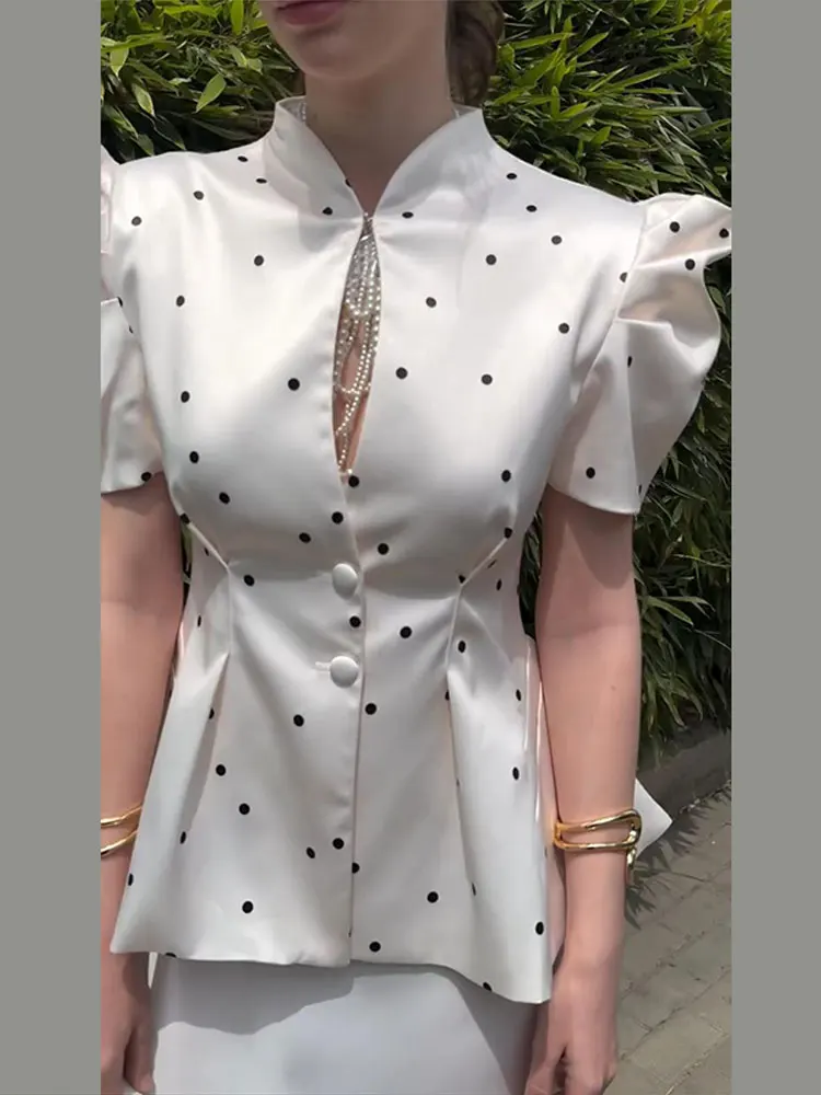 Bedruckter Taillierter Dünner Blazer für Damen Eleganter Stehkragen Puffärmel Kurze Ärmel Schlanker Mantel Schicke Büro-Damen-Oberteil Neue Oberbekleidung – Detail 27