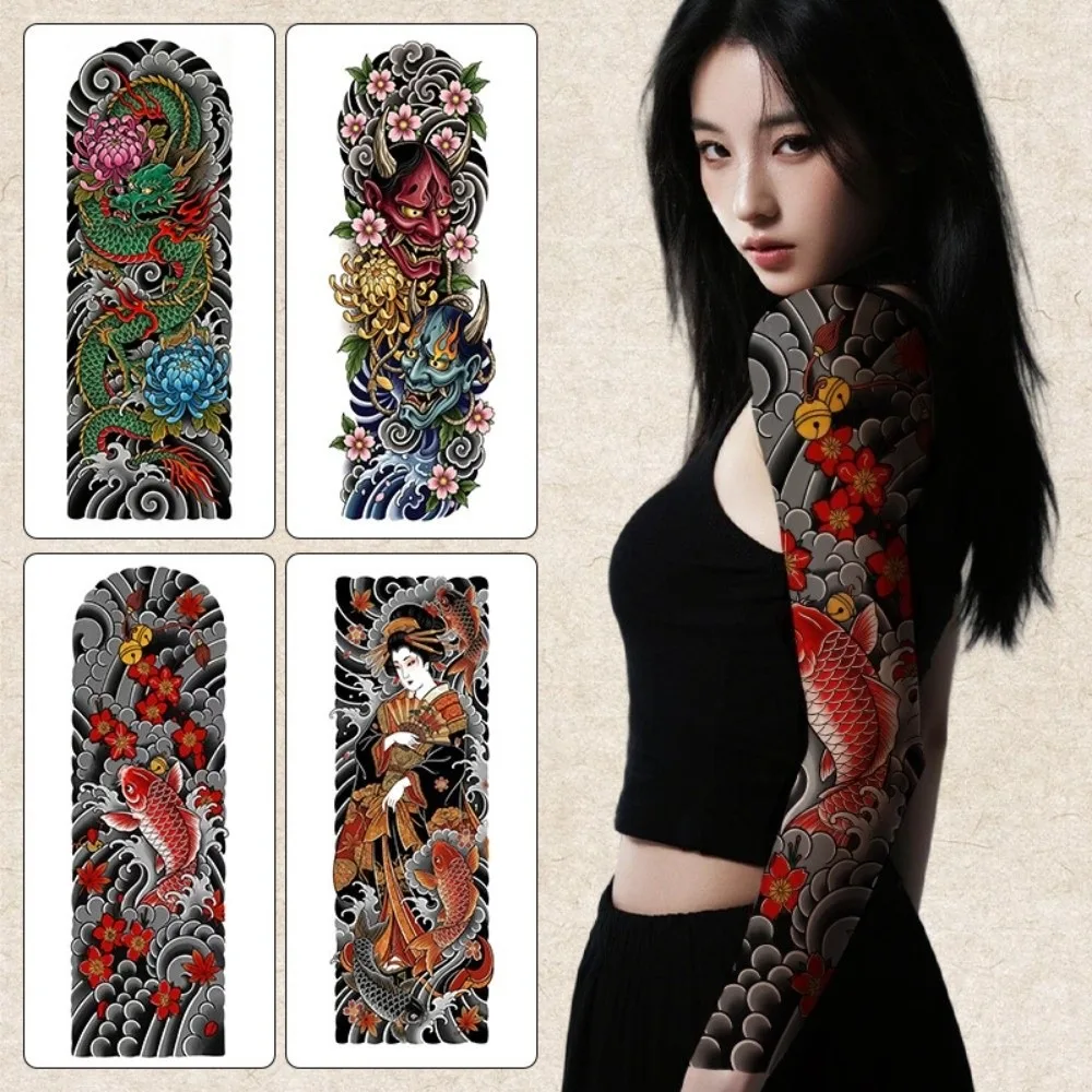 Japanese Demons Arm Sleeve Tattoo Sticker Koi Fish Geisha Japanese Style Temporary Tattoos Peony Flower Water Transfer Tattoo