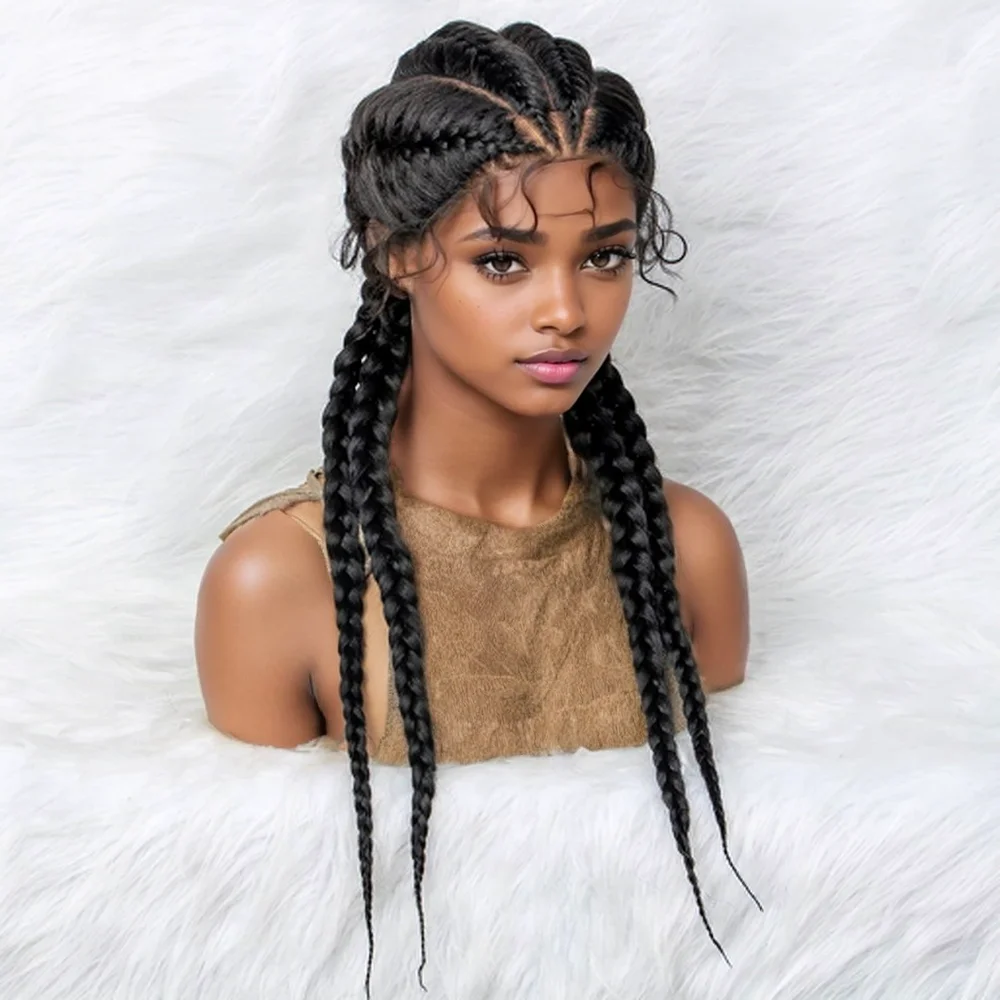 Braided Wigs with Baby Hair Synthetic Lace Front Wigs 26 Inches Natural Black Box Braided Lace Wigs For Black Women