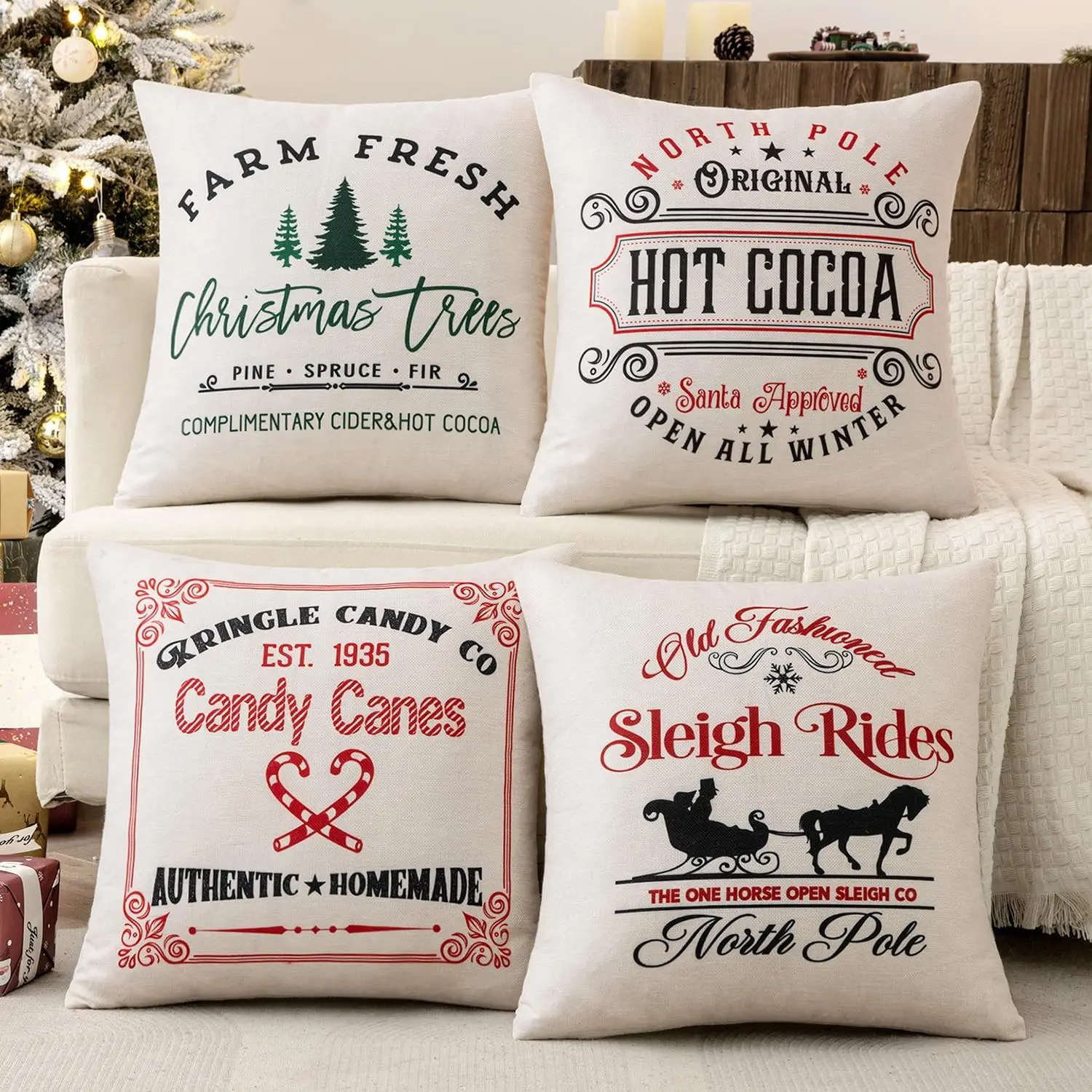 Set of 4 Holiday White Decorative Pillow Covers 18x18 inch Candy Canes Sleigh Christmas Tree Throw Pillow Cases Winter Seasonal