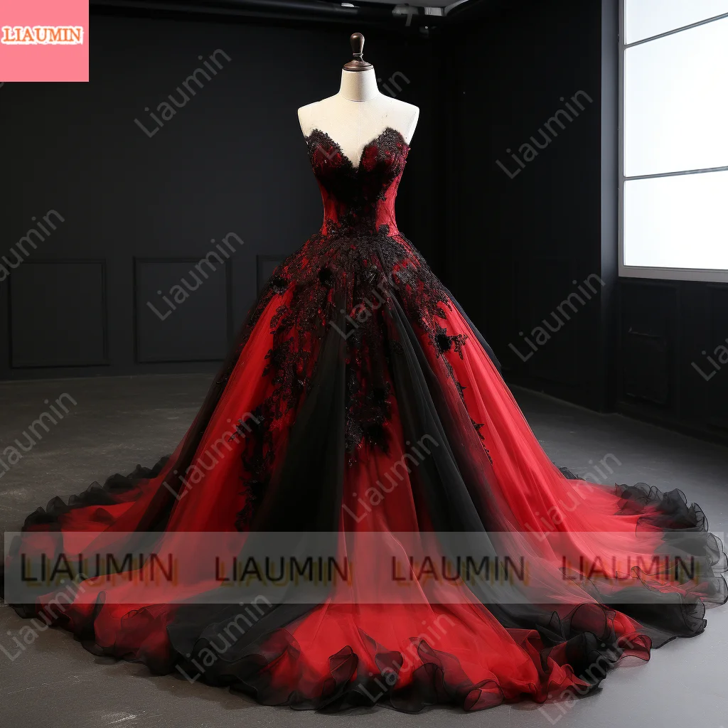 Red Tulle Aand Black Lace Edge Applique Full Length Evening Dress Formal Occasion Women Elagant Clothing Hand Made Custom W3-7