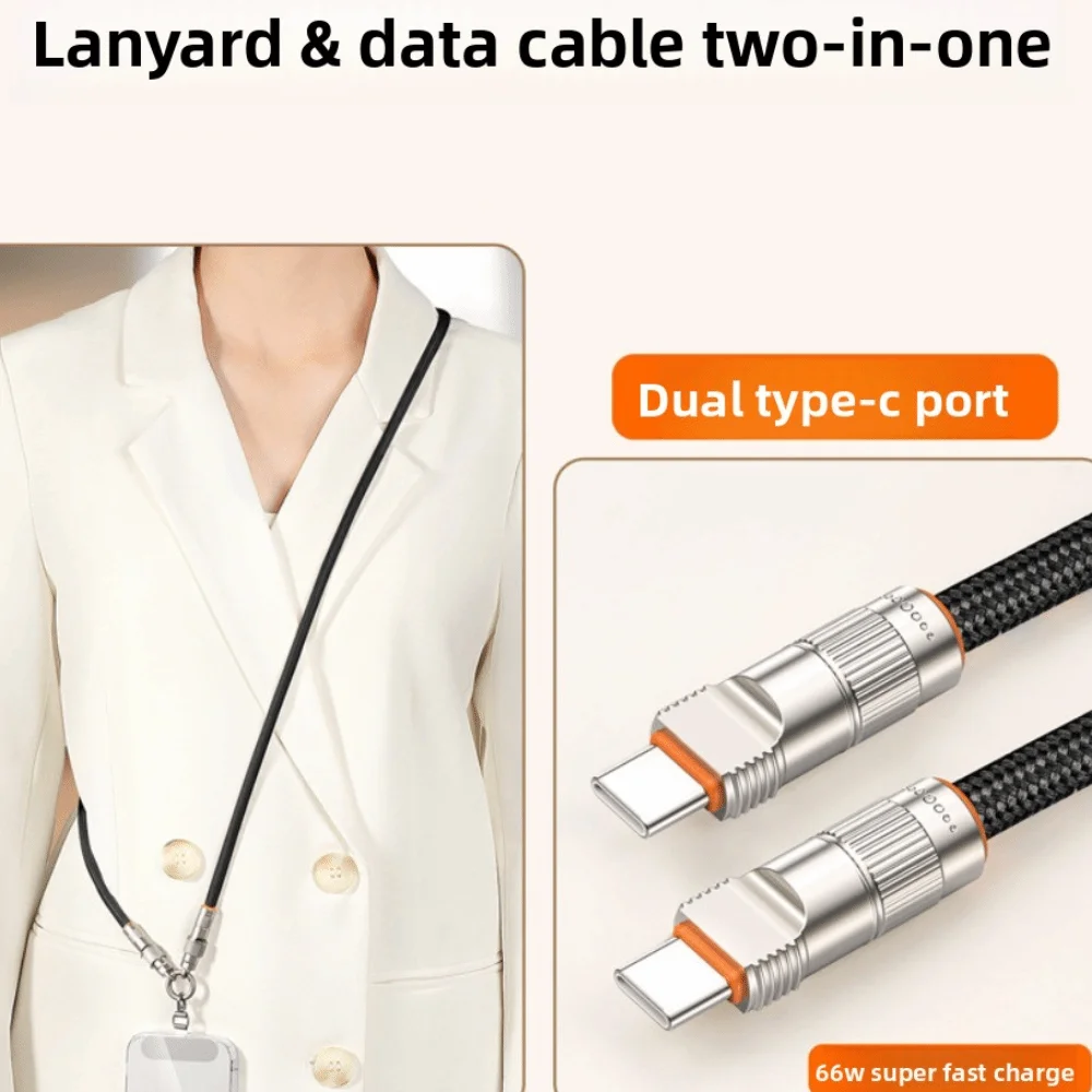 

Type C Data Cable Crossbody Mobile Phone Lanyard PD66W 2 in 1 Fast Charging Phone Strap Braided Detachable Phone Hanging Rope