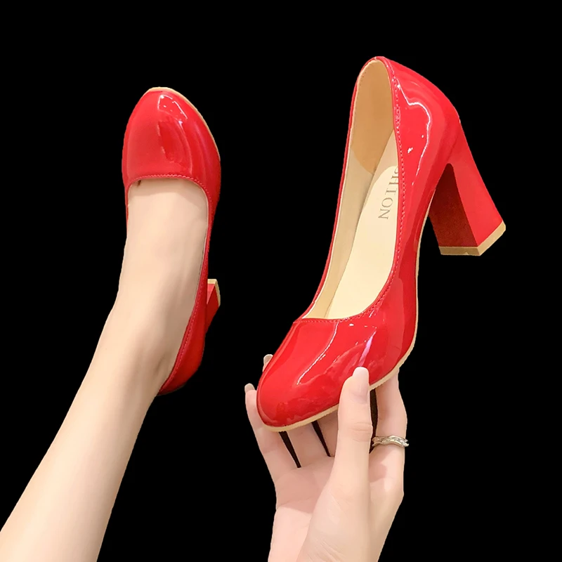 

Spring Women Pumps Chunky Block High Heels Red Patent Leather Round Toe Casual Office Slip-on Dress Ladies Shoes Zapatos Mujer