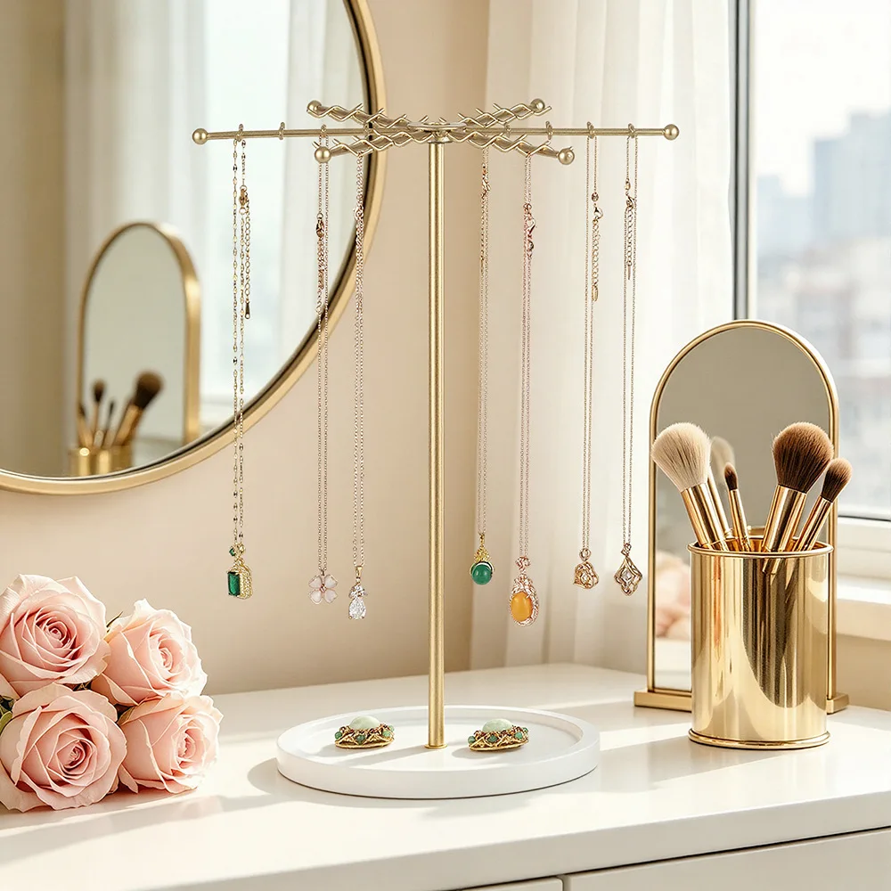 Rotating Gold Jewelry Stand Hooks Wooden Base Necklace Earring Bracelet Key Display Storage Rack