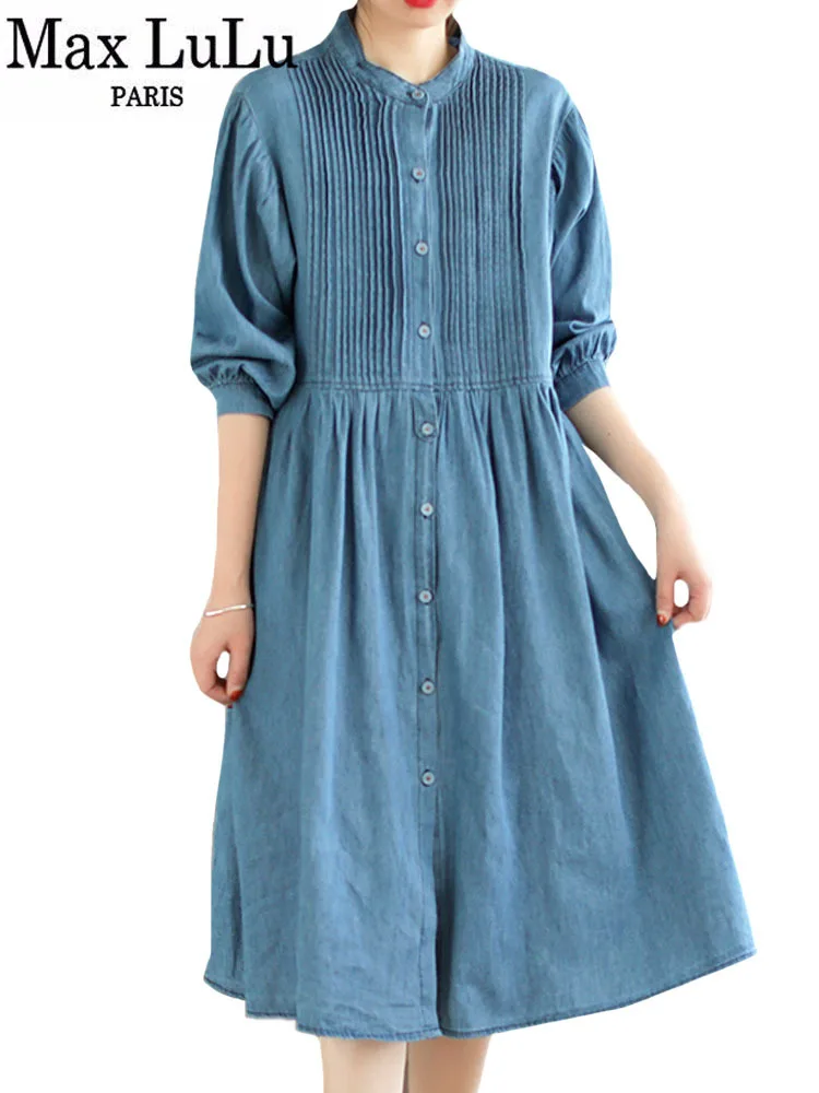 Max LuLu 2023 British Designer Spring Long Clothing Womens Fashion Elegant Loose Denim Dresses Females Leisure Vintage Vestidos