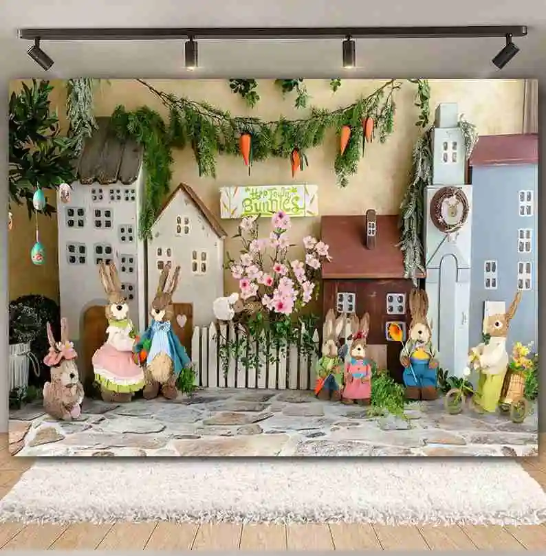 Spring Easter Backdrops Easter Colorful Eggs Bunny Green Grass Garden Flower Rabbit Baby Portrait Photography Background Decor