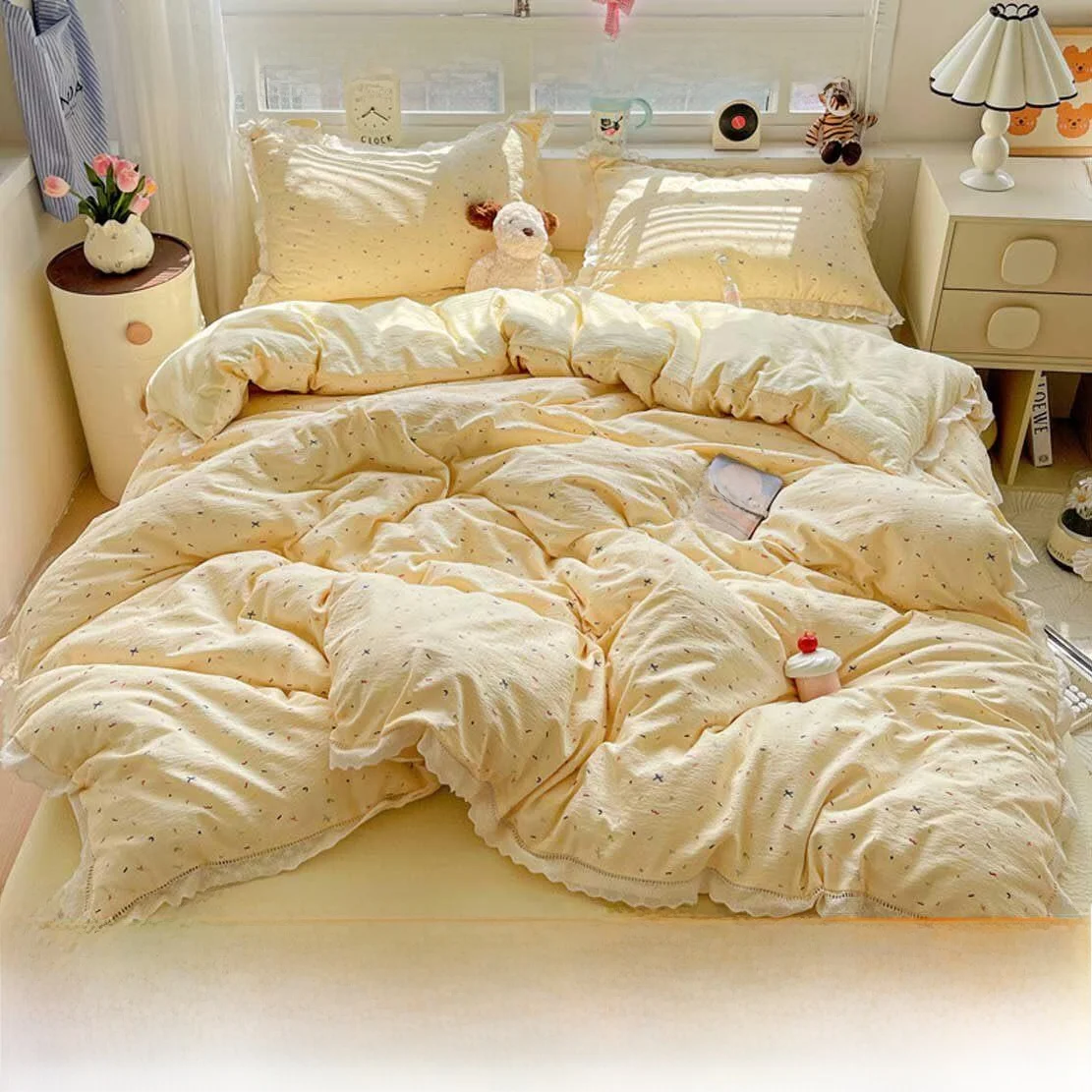 

A-Class Pleated Double-Layer Lace Bedding Set Four-Piece Quilt Cover Sheet Pillowcase Plant Floral Print Skin-Friendly Polyester