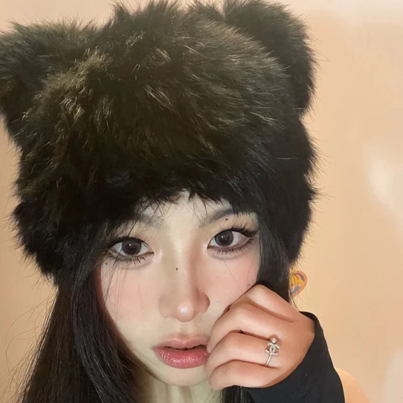 Black Bear Ears Rabbit Hair Beanies Cap Y2K Autumn and Winter Fashion Versatile Cute Plush Pullover Hats for Women and Men