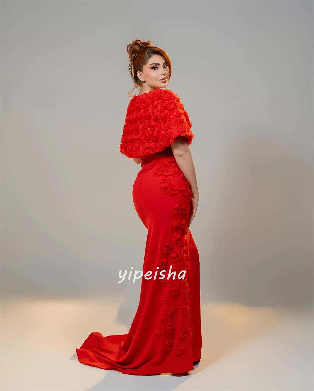 Maßgeschneiderte, hochwertige, modische Jersey-Kleider mit handgefertigten Blumenfalten, Meerjungfrau, schulterfrei, lange Kleider, maßgeschneiderte Anlasskleider, sexy