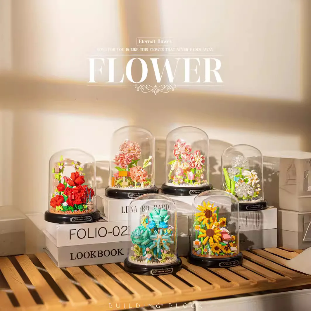 

Idea Plant Flower Micro Diamond Block Rose Sunflower Gardenia Nanobrick Carnation Dandelion Building Brick Toys Display Stand
