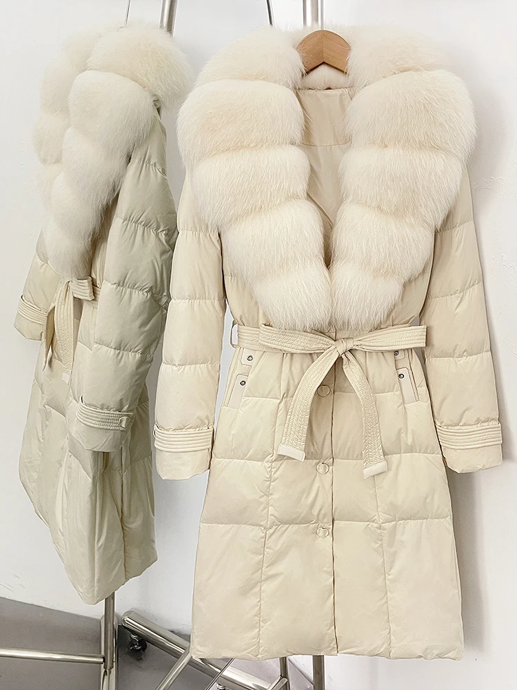

2025 New Winter Natural Fox Fur Clothes Luxury Long Belt Thick Warm Duck Down Coat Female Silm Puffer Jacket Outwear Women