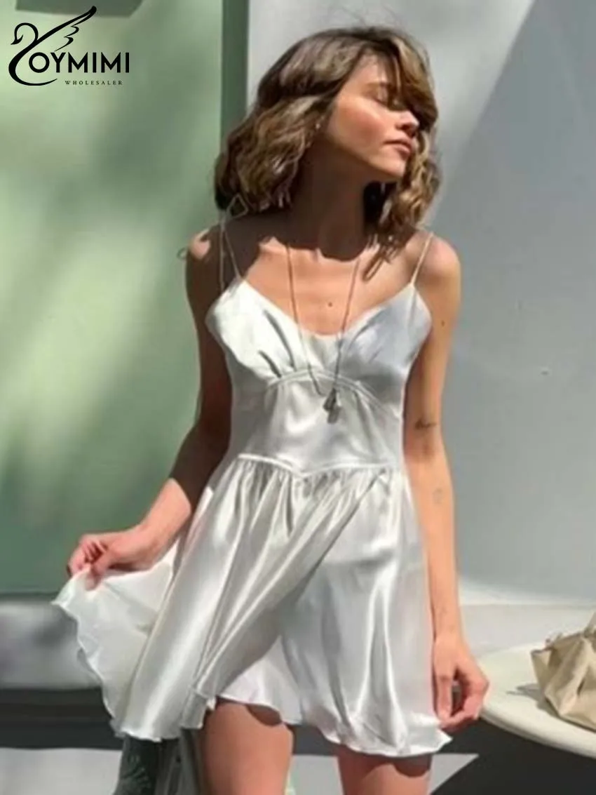 Oymimi-vestido de satén blanco para mujer, minivestido informal con tirantes finos, cintura alta, espalda abierta, ropa de calle