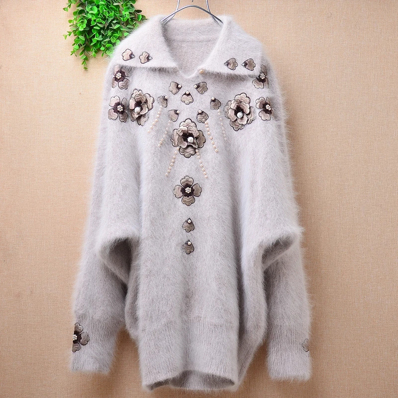 Female Women Spring Winter Vintage Embroidery Beading Angora Rabbit Hair Knitted Long Batwing Sleeves Loose Pullover Sweater Top