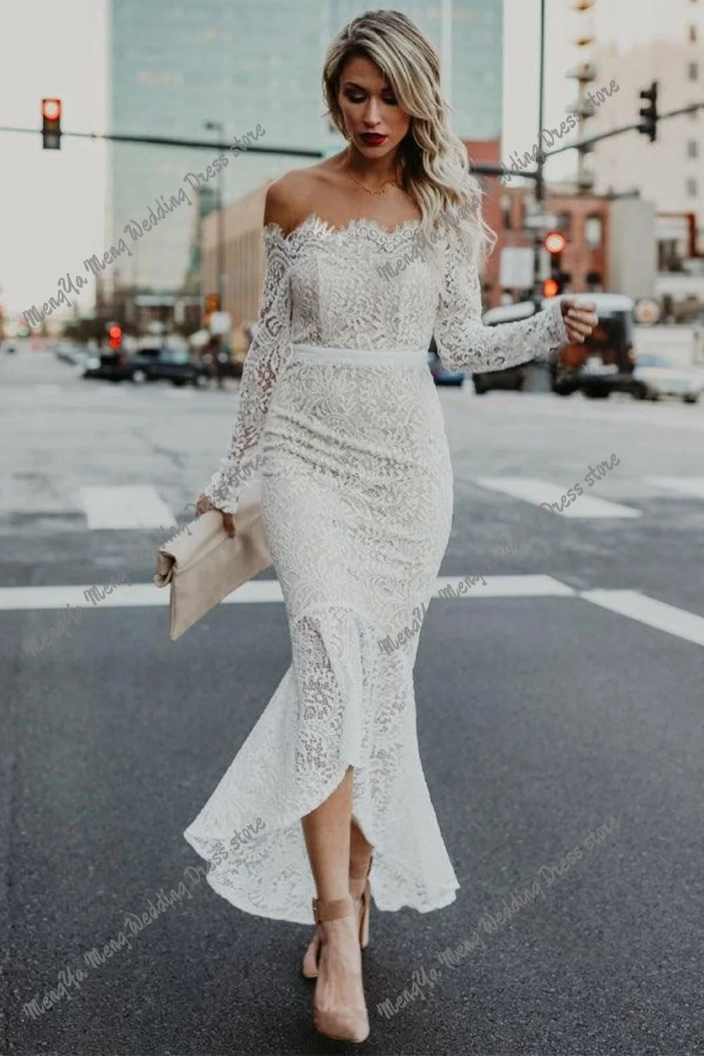 

2025 Sexy White Mermaid Long Sleeves Wedding Guest Dresses 2025 Lace Off Shoulder Country Garden Formal Bridal Gowns Customized