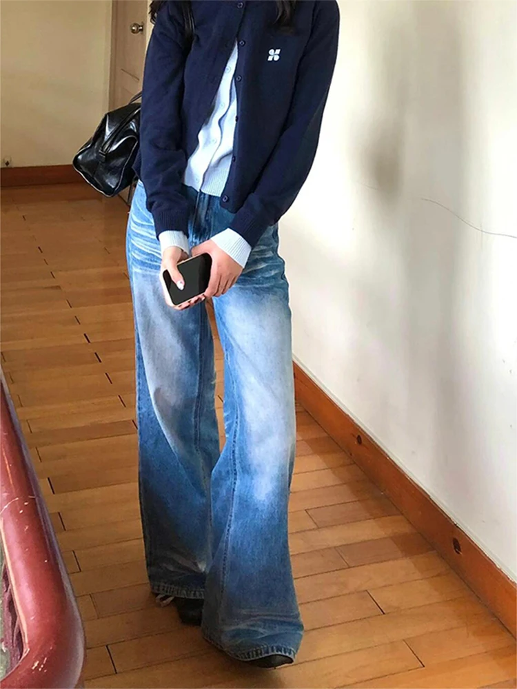 

Spring Autumn Bleached Jeans For Women High Street Retro Wide Leg Denim Pants American Casual Fashion High Waist Washed Trousers