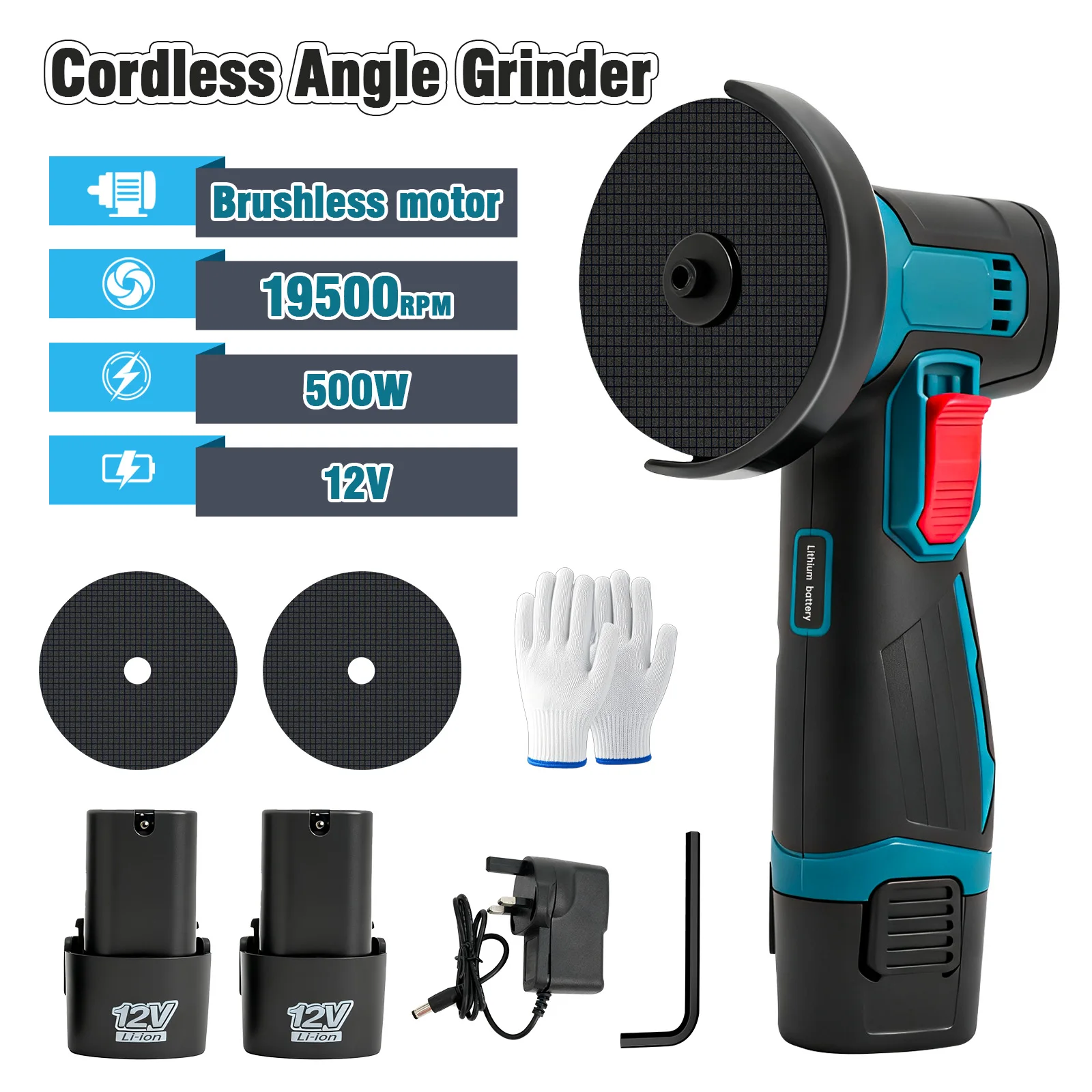 12V Mini Cordless Angle Grinder Polishing Cutting Grinding Sanding Power Tool Brushless 19500 RPM with 2 Batteries Charger