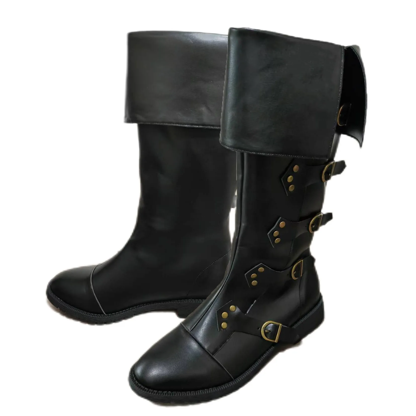 Unisex Vintage Piratenstiefel mit Manschette, vier Schnallen, kniehoch, Steampunk, Halloween, Karneval, Cosplay, Bühnenkostüm, Schuhwerk – Detail 2