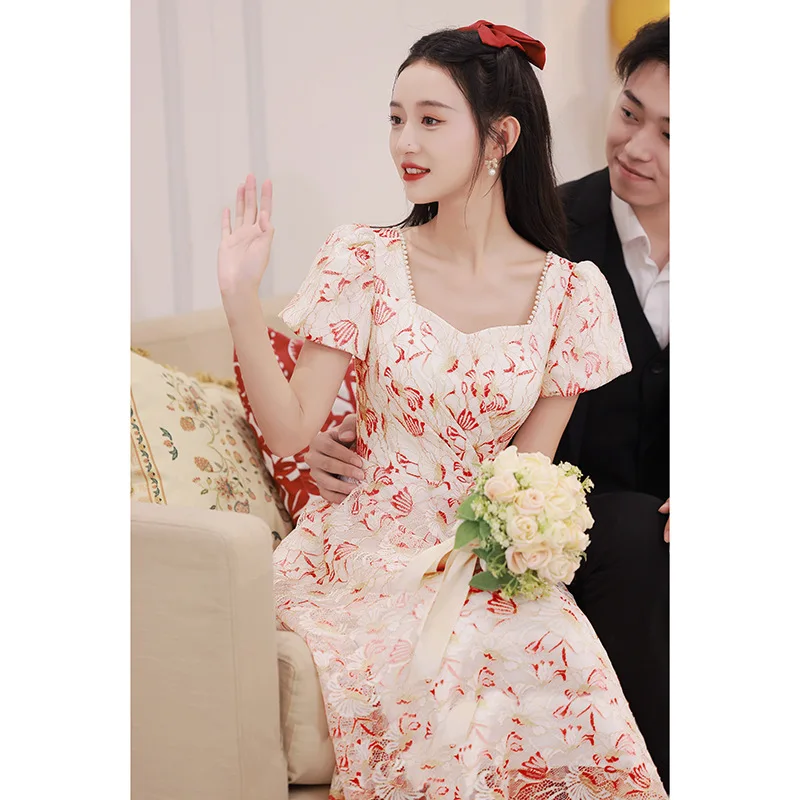 Engagement Wedding Dress Red Print Elegant Temperament Bridal Toast Clothing Evening Party Qipao Women's Sexy Mid Length Dress