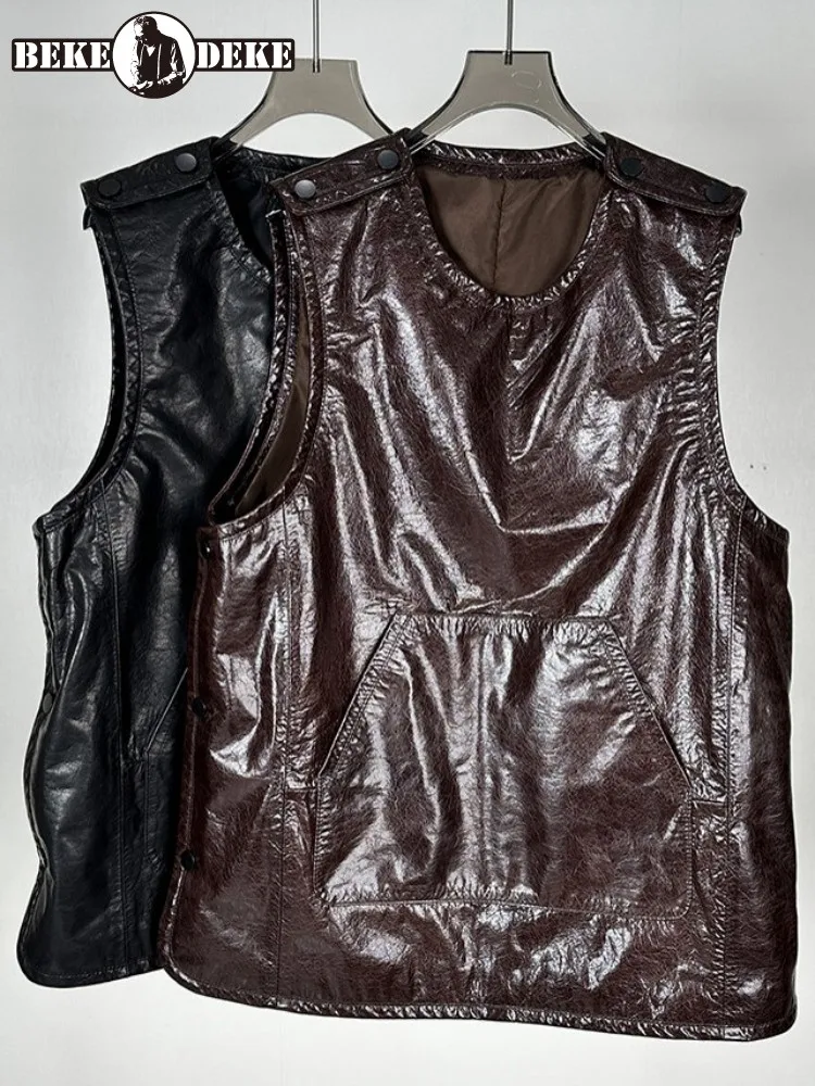 

Женский кожаный жилет в стиле стритвир с круглым вырезом и передним карманом, однотонный, из натуральной воловьей кожи, без рукавов, свободного кроя, модная верхняя одежда