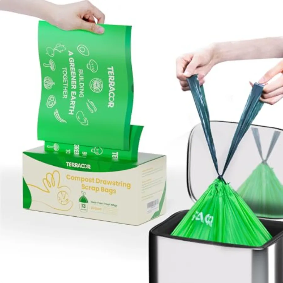 

13-галлонный мешок для кухонных мусора на шнурке для компоста, 49,2 л, 35 шт., 1 мил, сверхмощные мешки для пищевых ломтиков