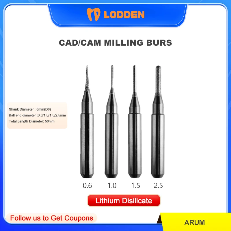 Dental Lab PRECISION TOOL Milling Burs Fit for Arum Machines-Cutting Glass-Cermics- Overall Length 50mm D6 CAD CAM Dental Tools