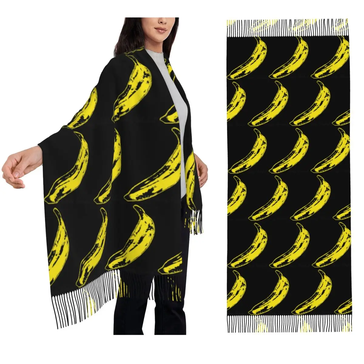 

Andy Warhol Sunset Cat Cattle Banana Scarf Шарфы с кисточками для женщин Мягкие теплые шали и накидки Длинная осенне-зимняя шаль