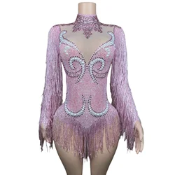 Pink Crystal Diamond Tassel Jumpsuit for Women Fashion One Piece Bodysuits Dance Stage Performance Costumes Shining Sequins Wear