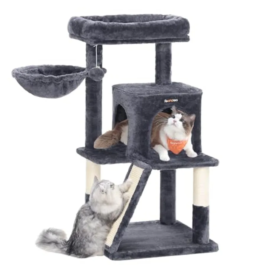 

Cat Tree 37.8-Inch Multi-Level Cat Tower with Smoky Gray Finish Wide Perch Scratching Posts Ramp 2-Door Cave Hammock Durable Wo