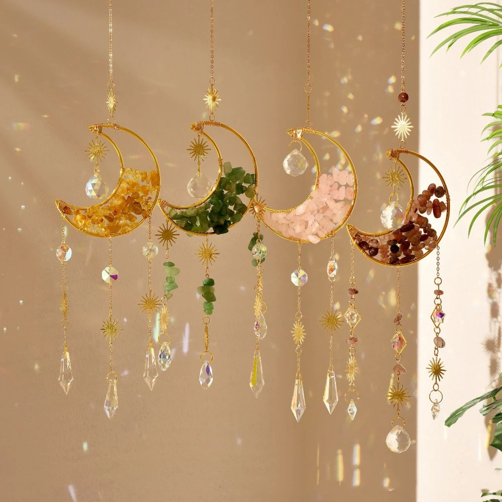 Colorful Moon Crystal Sun Catcher Amethyst Crystals Stone Rainbow Suncatcher Rainbow Prism Balcony Yard Hanging Wind Chimes