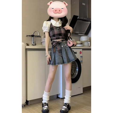 Summer gentle outfit 2023 new Korean version short sleeved shirt plaid suspender denim short skirt womens two peice skirt sets