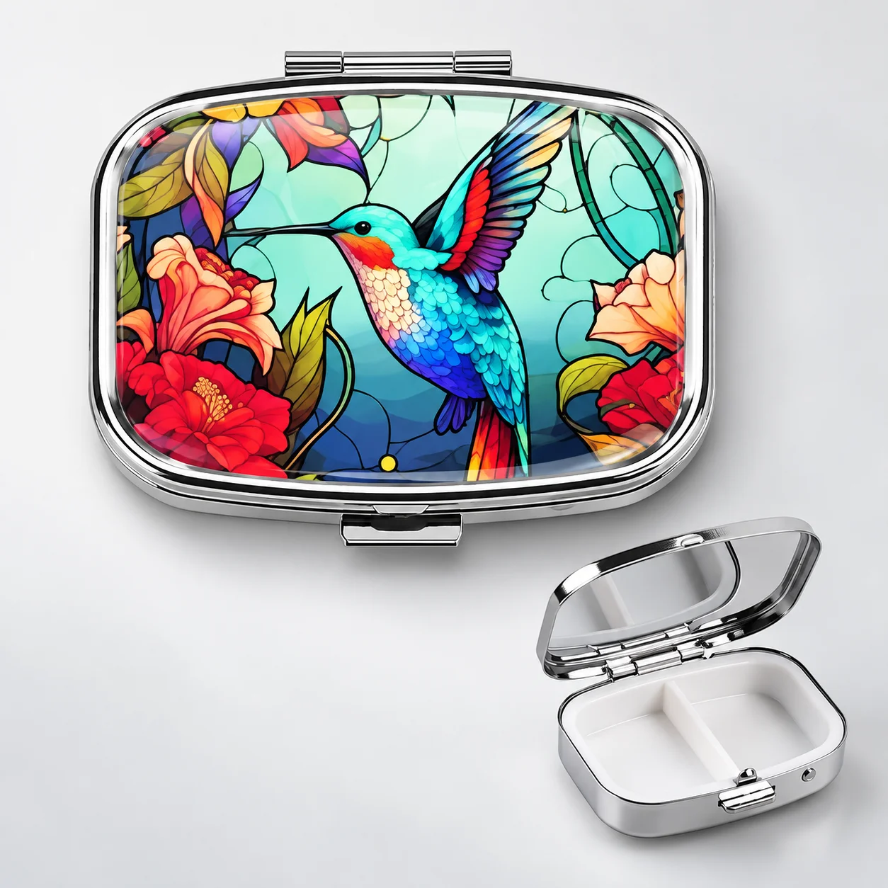 Colorful Hummingbird Medicine Box Metal Travel Case Portable Jewelry Organizer Small Pill Container Household Tablet Holder
