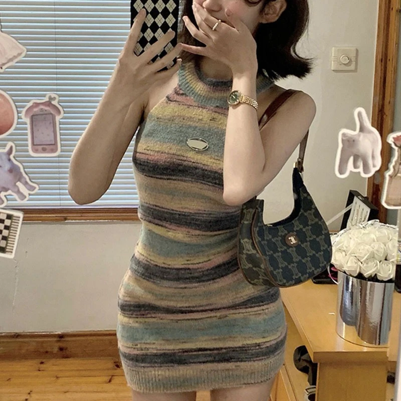2025 Zomer Y2k Leuke Kleurblok Strepen Halter Hals Gebreide Wikkeljurk Sexy Mode Bodycon Strapless Afslanken O-hals Vrouwen Jurk