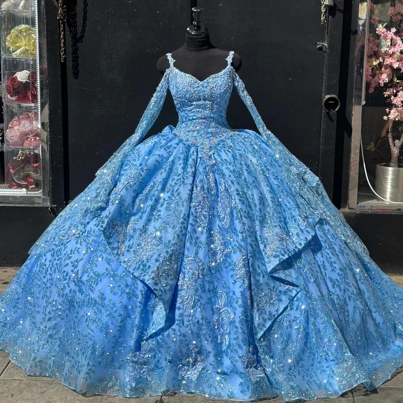 Sky Blue Princess Quinceanera Dresses Ball Gown Sweetheart Lace Beaded Sweet 16 Dresses 15 Años Mexican Customized