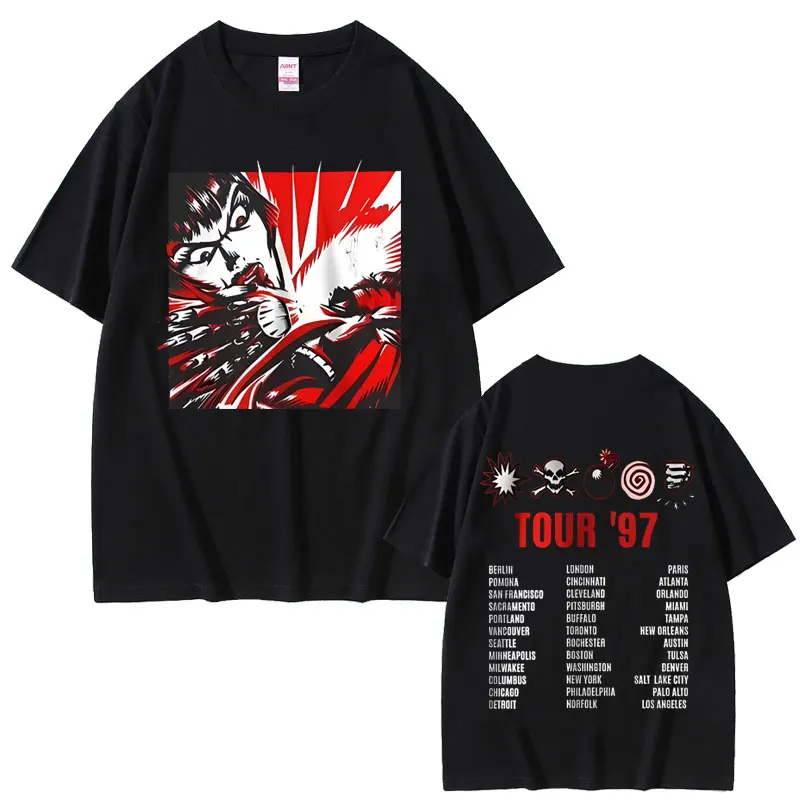 Summer Men's and Women's Retro Gothic Punk Street Wear Casual Cotton T-shirt Rock Band Kmfdm Tour 97 Pattern Printed T-shirt