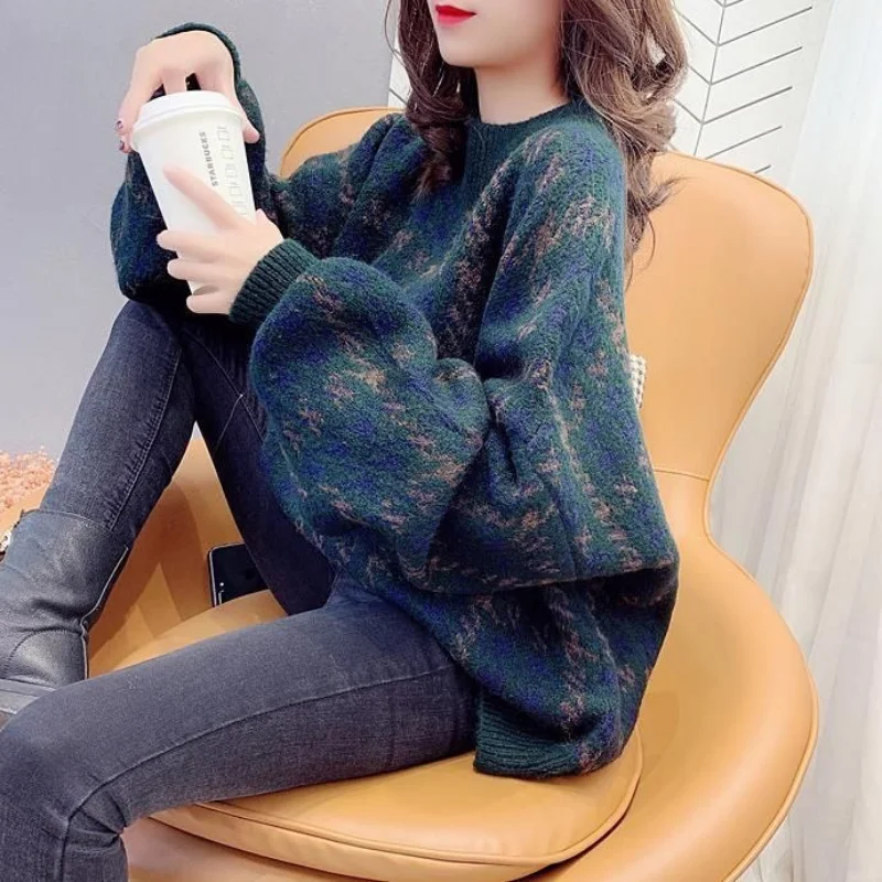 

Pullover sweater vintage lantern sleeve wearing a thousand birds check winter new lazy style loose round neck pullover female