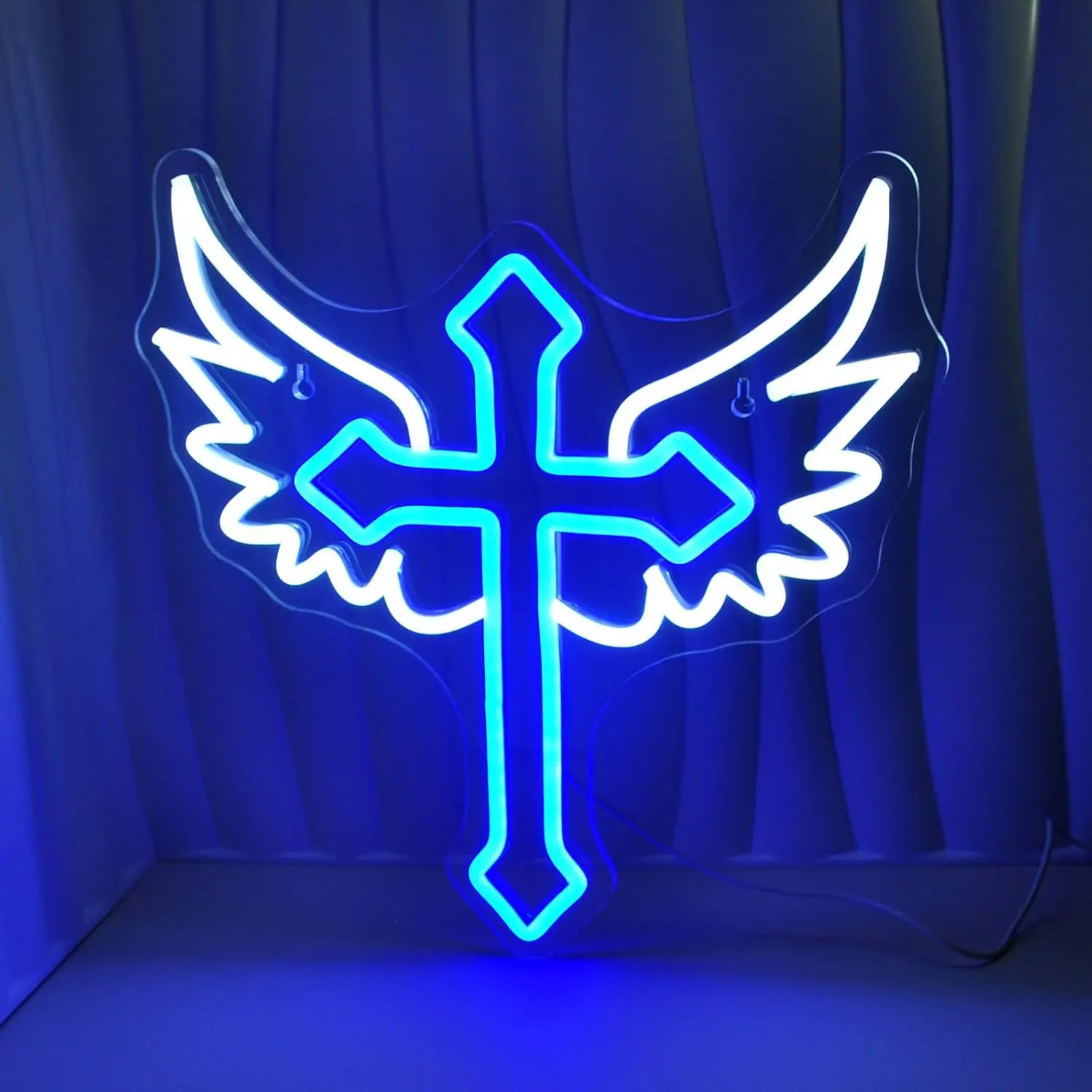 

Cross Wings Neon Signs for Wall Art Decor Dimmable White Blue for Preppy Room Decor for Birthday Party Decoration USB Powered