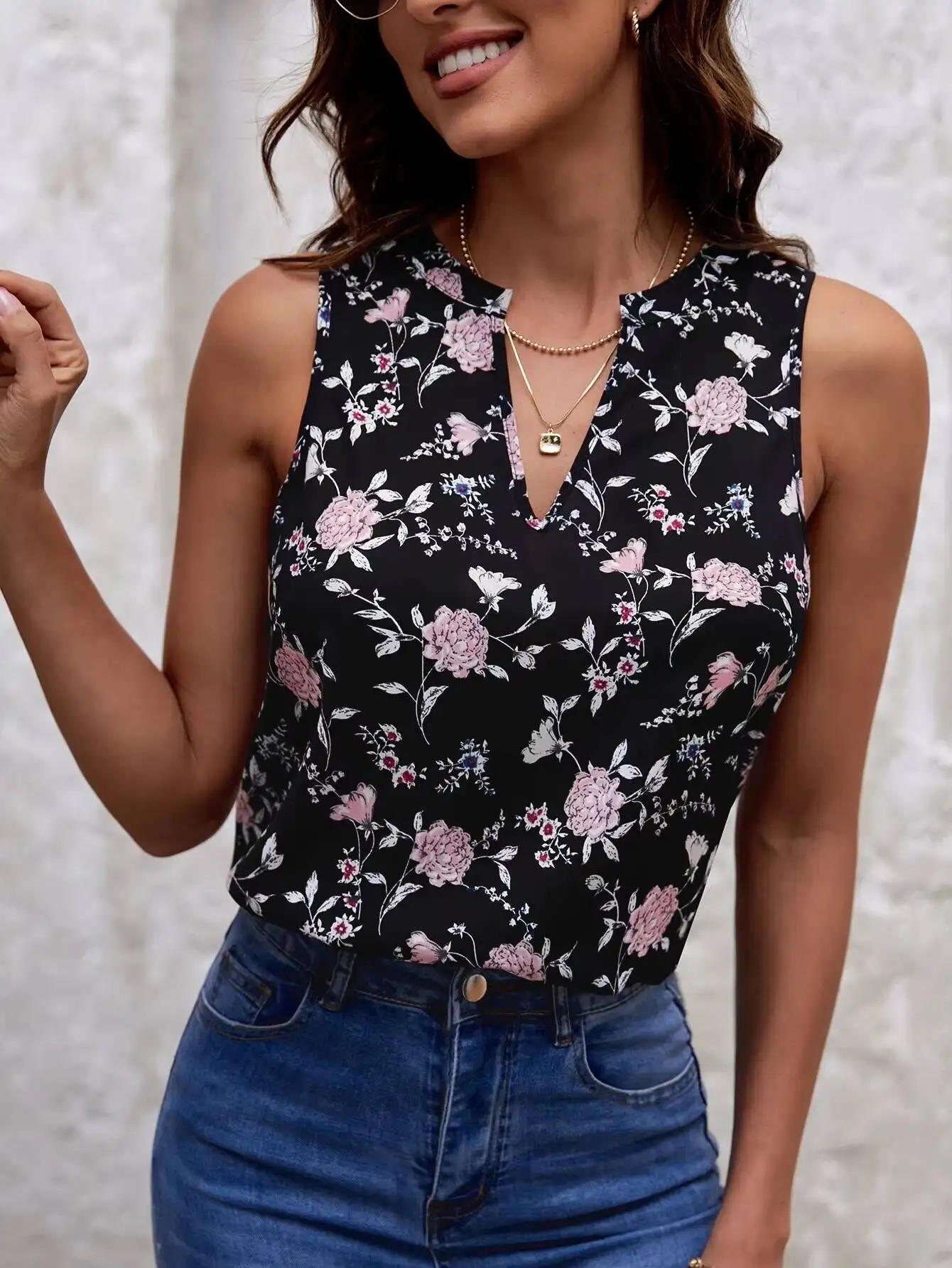 Damen-Tanktop für Frühling und Sommer, schwarz, rosa, Blumendruck, gekerbter V-Ausschnitt, ärmellos, locker, lässig, für den Alltag, Urlaub