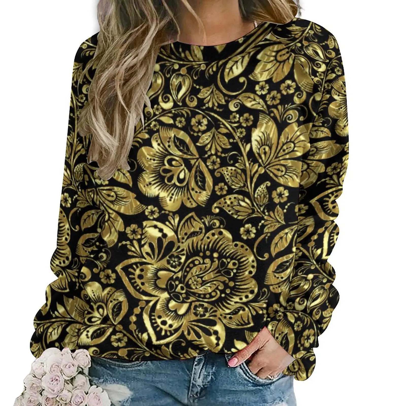 Shiny Gold Baroque Hoodies Lady Black Floral Damasks Hip Hop Casual Hoodie Spring Long Sleeve Y2k Custom Sweatshirts Big Size