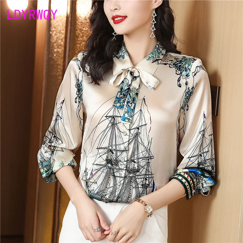 Silk shirt for women 2024 new autumn long sleeved mulberry silk printed fashionable loose fitting women's top for women