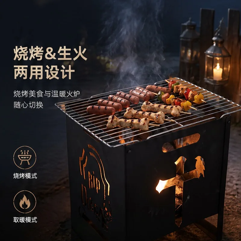 New Portable Halloween Fire Pit, Outdoor Wood & Charcoal Burning Stove, BBQ Camping Grill, Heating Brazier for Backyard Picnic