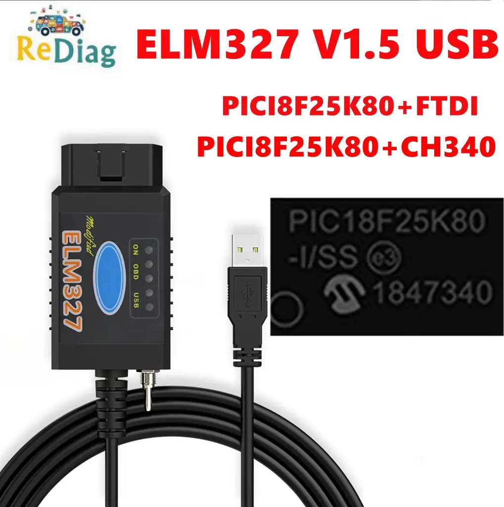 ELM327 V1.5 USB PIC18F25K80 FTDI/CH340 OBD2 Scanner Car Diagnostic Tool HS-CAN/MS-CAN ELM 327 For Ford FORScan Switch