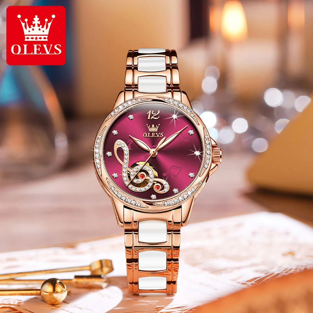 OLEVS 6656 Automatic Watch for Women Fashion Hollow Out Musical Note Design Women\'s Mechanical Watch Elegant Diamond Wristwatch