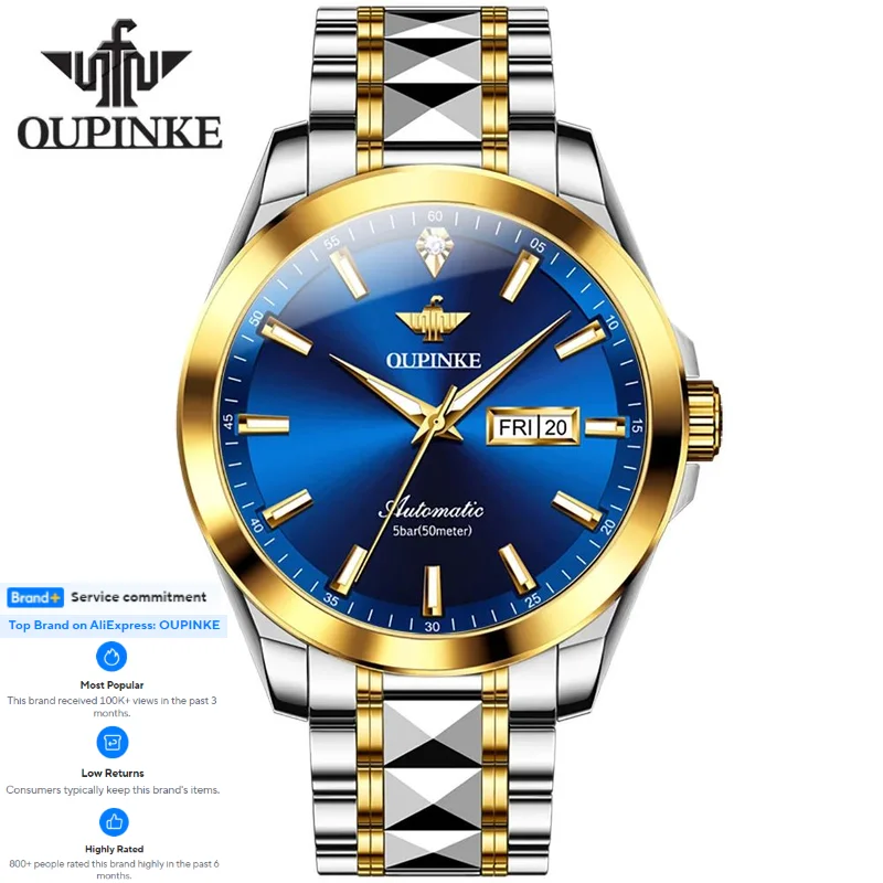 

OUPINKE 3223, мужские часы, светящиеся, водонепроницаемые, из нержавеющей стали, дата недели, вольфрамовая сталь, автоматические механические мужские наручные часы